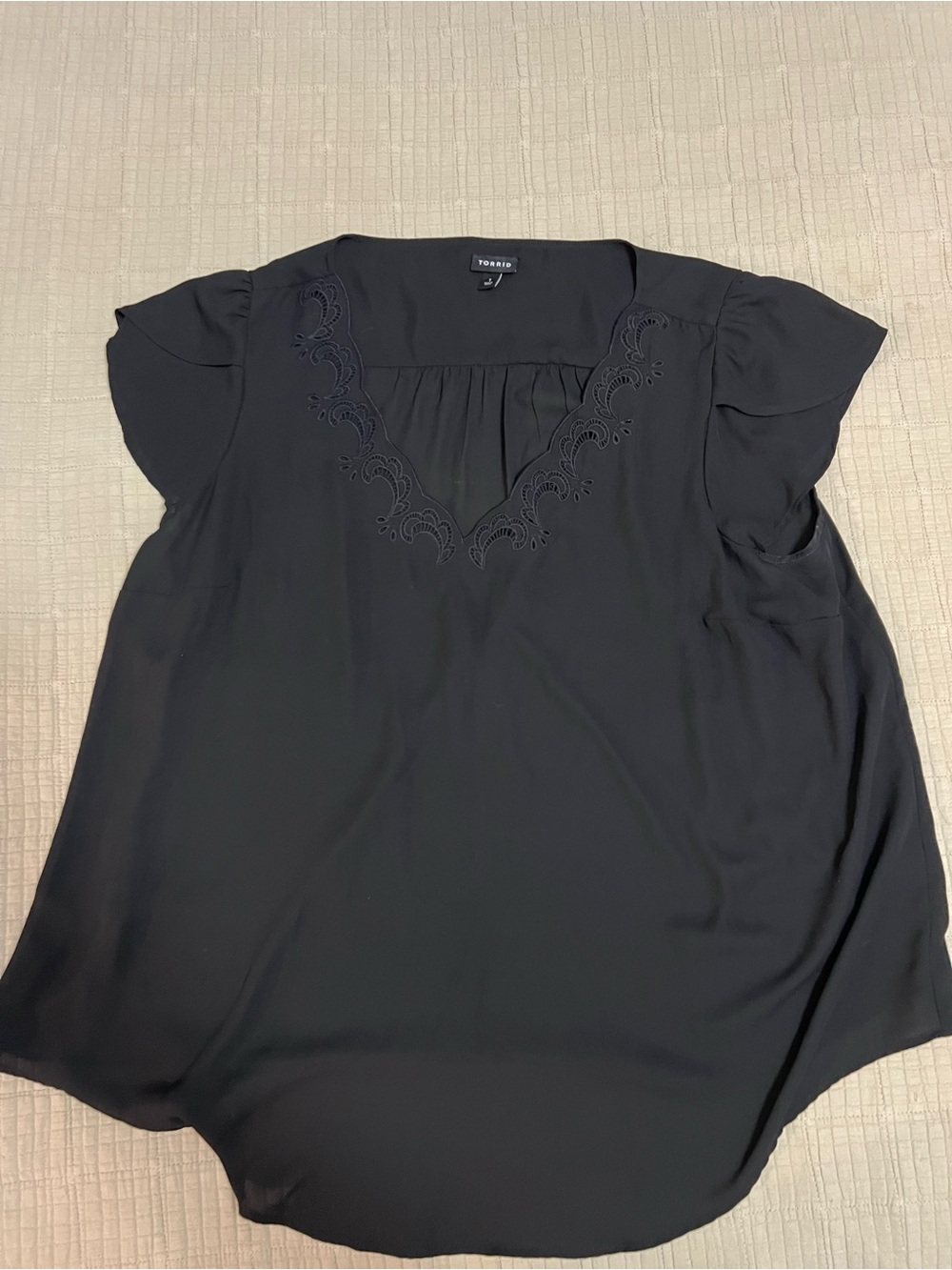 torrid Black V-Neck Flutter Sleeve Blouse with Embroidered Scallop Detail